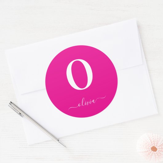Monogram Script Naam Gepersonaliseerd Hot Pink Whi Ronde Sticker (Envelop)