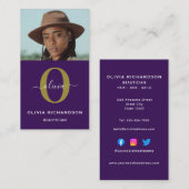 Monogram-script naam paars wit goud verticaal visitekaartje (Voorkant / Achterkant)