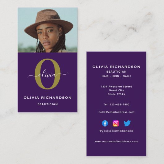 Monogram-script naam paars wit goud verticaal visitekaartje (Voorkant / Achterkant)