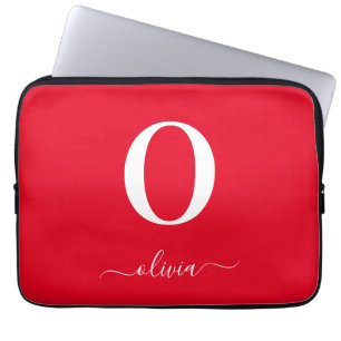 Monogram Script Naam Persoonlijk Rood En Wit Laptop Sleeve