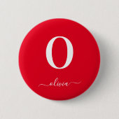Monogram Script Naam Persoonlijk Rood En Wit Ronde Button 5,7 Cm (Voorkant)