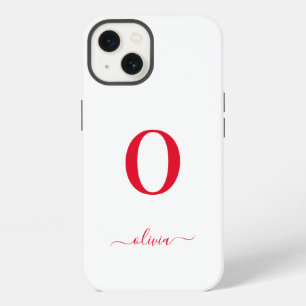 Monogram Script Naam Persoonlijk Wit En Rood iPhone 13 Hoesje