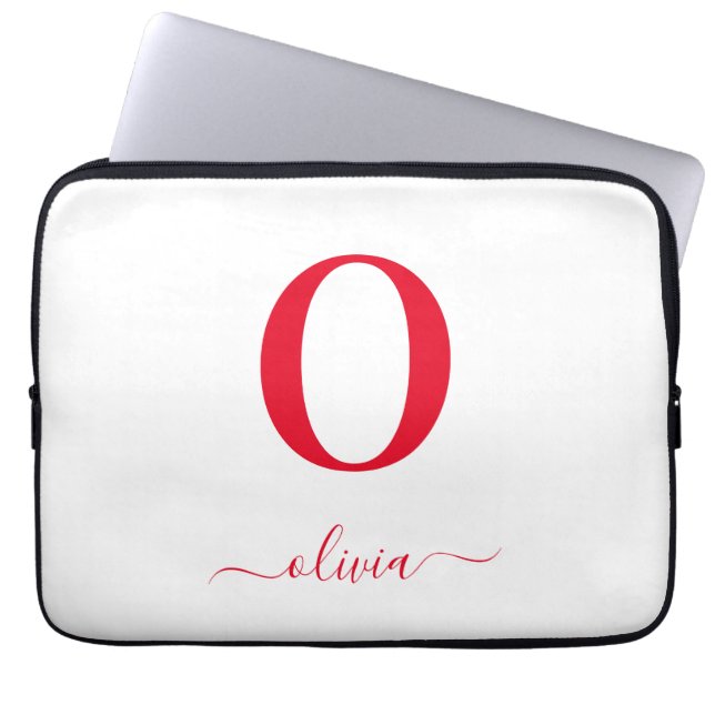 Monogram Script Naam Persoonlijk Wit en Rood Laptop Sleeve (Voorkant)