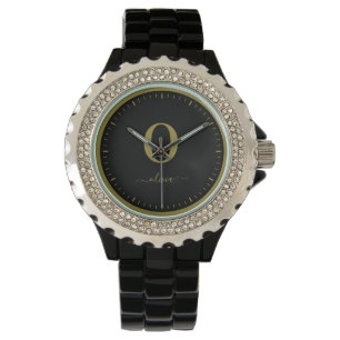 Monogram Script Naam Persoonlijk Zwart En Goud Horloge