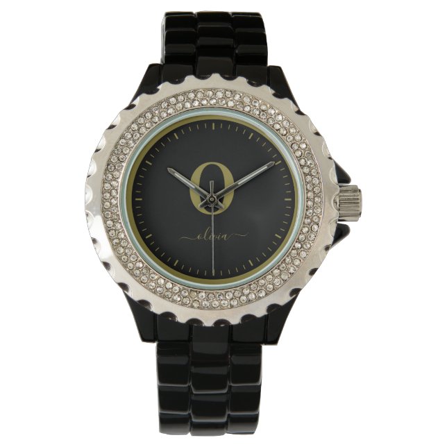 Monogram Script Naam Persoonlijk Zwart En Goud Horloge (Voorkant)