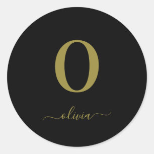 Monogram Script Naam Persoonlijk Zwart En Goud Ronde Sticker