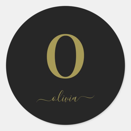 Monogram Script Naam Persoonlijk Zwart En Goud Ronde Sticker (Voorkant)