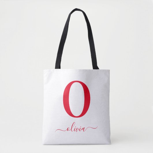 Monogram Script Naam Persoonlijke Witte En Rode Tote Bag (Voorkant)