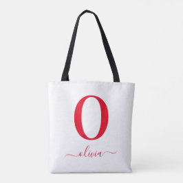 Monogram Script Naam Persoonlijke Witte En Rode Tote Bag
