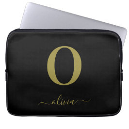 Monogram Script Naam Persoonlijke Zwarte En Gouden Laptop Sleeve