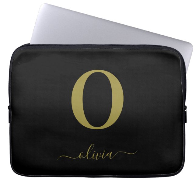 Monogram Script Naam Persoonlijke Zwarte En Gouden Laptop Sleeve (Voorkant)