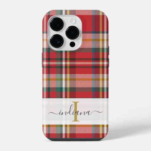 Monogram Script Naam Plaid Rood Patroon Rustiek iPhone Hoesje (Achterkant)