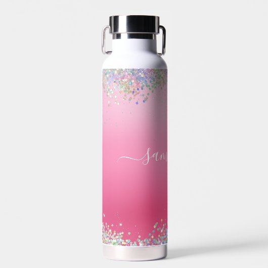 Monogram Script Naam Roze Glitter Girly Glam Bling Waterfles (Voorkant)