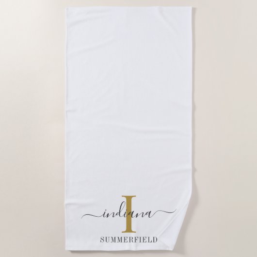 Monogram Script Naam Stijlvol Minimalistisch Goud  Strandlaken (Voorkant)
