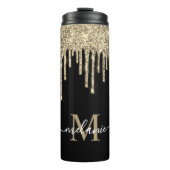 Monogram Script Name Black en Gold Glitter Drip Thermosbeker (Voorkant)