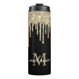 Monogram Script Name Black en Gold Glitter Drip Thermosbeker