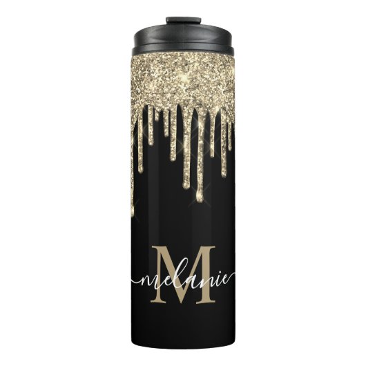 Monogram Script Name Black en Gold Glitter Drip Thermosbeker (Voorkant)