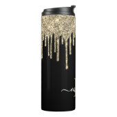 Monogram Script Name Black en Gold Glitter Drip Thermosbeker (Gedraaid links)
