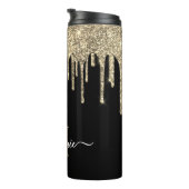 Monogram Script Name Black en Gold Glitter Drip Thermosbeker (Geroteerd rechts)