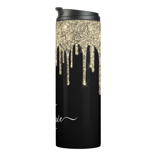 Monogram Script Name Black en Gold Glitter Drip Thermosbeker (Geroteerd rechts)