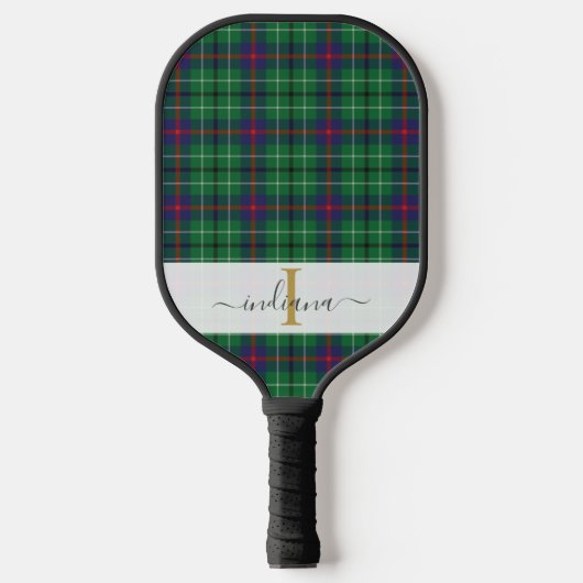 Monogram Script Name Classic Pset Green Tartan Pickleball Paddle (Voorkant)