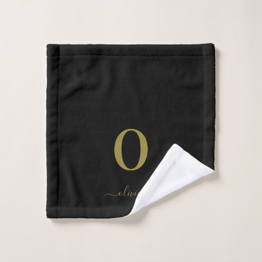 Monogram Script Name Personated Black and Gold Bad Handdoek (Wasdoekje)