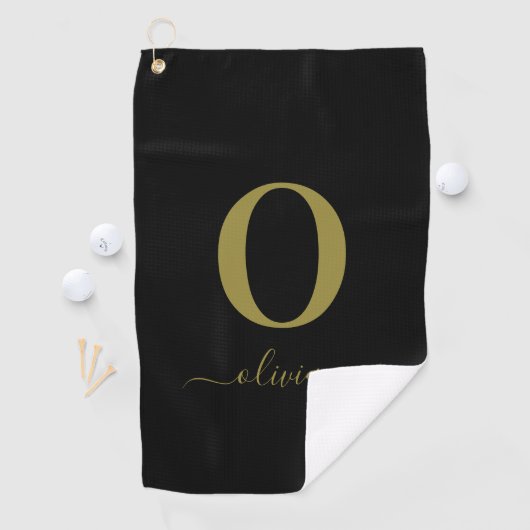 Monogram Script Name Personated Black and Gold Golfhanddoek (Insitu)