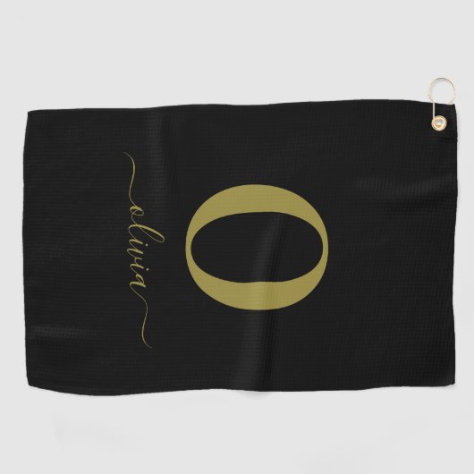 Monogram Script Name Personated Black and Gold Golfhanddoek (Horizontaal)