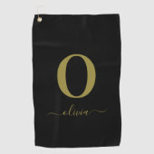 Monogram Script Name Personated Black and Gold Golfhanddoek (Voorkant)