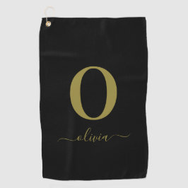 Monogram Script Name Personated Black and Gold Golfhanddoek