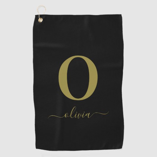 Monogram Script Name Personated Black and Gold Golfhanddoek (Voorkant)
