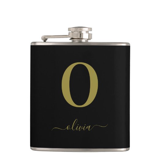 Monogram Script Name Personated Black and Gold Heupfles (Voorkant)