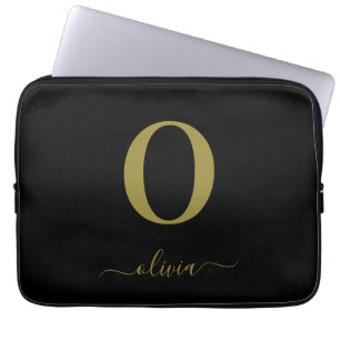 Monogram Script Name Personated Black and Gold Laptop Sleeve