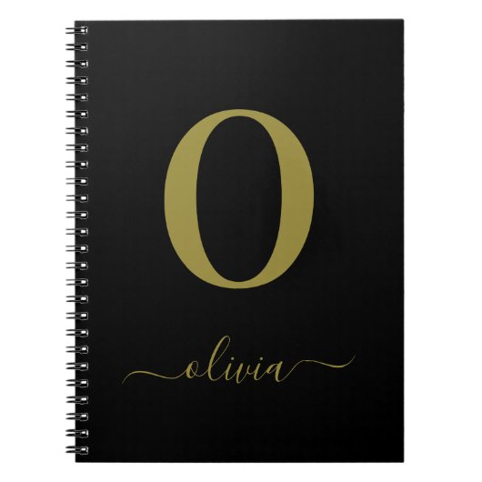 Monogram Script Name Personated Black and Gold Notitieboek (Voorkant)