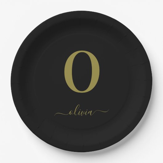 Monogram Script Name Personated Black and Gold Papieren Bordje (Voorkant)