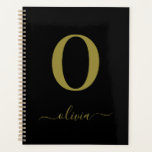 Monogram Script Name Personated Black and Gold Planner<br><div class="desc">Dit stijlvolle monogram en elegante scriptnaamontwerp kunnen worden gegeven als cadeau voor een verjaardag,  een huwelijksgunst,  een vrijgezellenfeest of elke gelegenheid. Het kan met het initiaal en de naam van de persoon worden aangepast.</div>