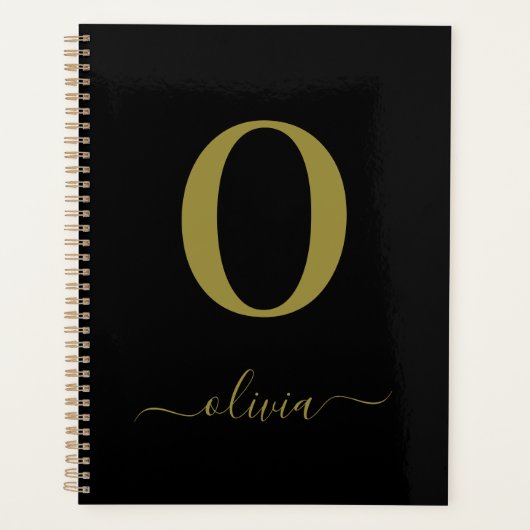 Monogram Script Name Personated Black and Gold Planner (Voorkant)