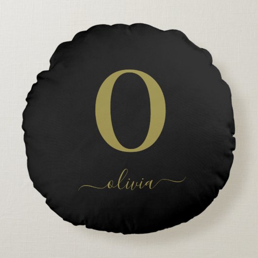 Monogram Script Name Personated Black and Gold Rond Kussen (Voorkant)