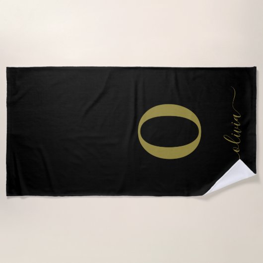 Monogram Script Name Personated Black and Gold Strandlaken (Voorkant)