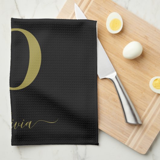 Monogram Script Name Personated Black and Gold Theedoek (Quarter Fold)