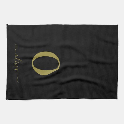 Monogram Script Name Personated Black and Gold Theedoek (Horizontaal)
