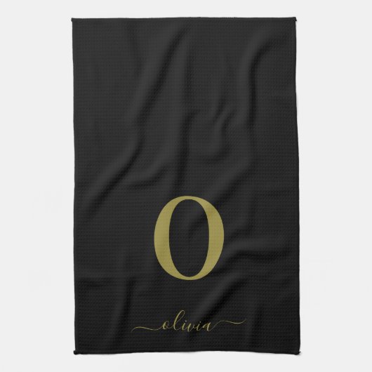 Monogram Script Name Personated Black and Gold Theedoek (Verticaal)