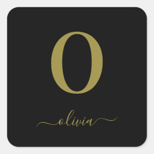 Monogram Script Name Personated Black and Gold Vierkante Sticker