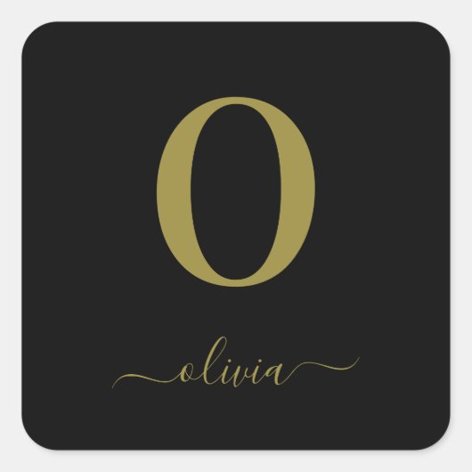 Monogram Script Name Personated Black and Gold Vierkante Sticker (Voorkant)