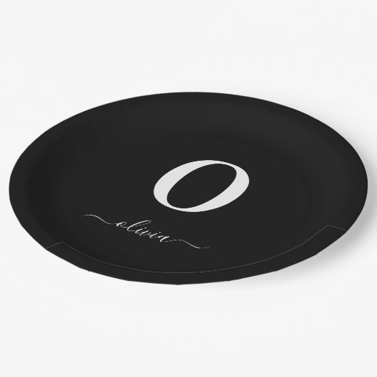 Monogram Script Name Personated Black and White Papieren Bordje (Gekanteld)