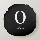 Monogram Script Name Personated Black and White Rond Kussen (Voorkant)