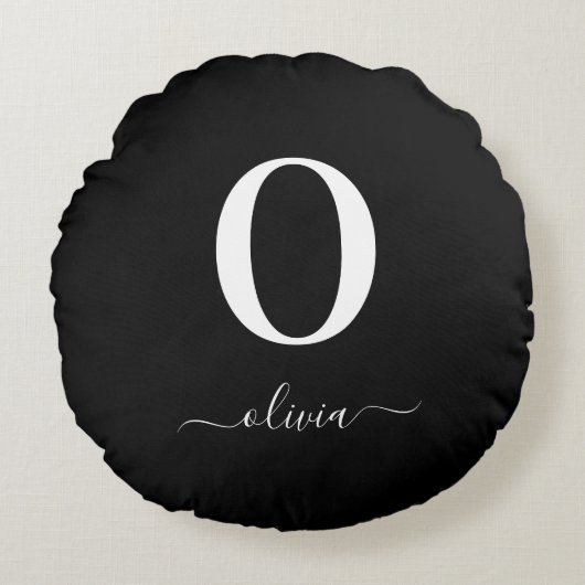 Monogram Script Name Personated Black and White Rond Kussen (Voorkant)