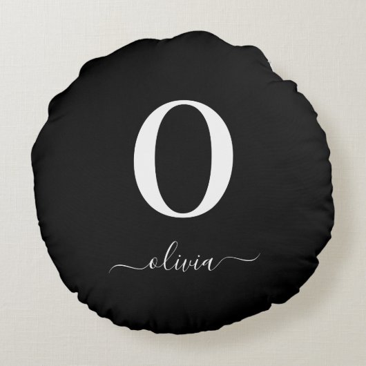 Monogram Script Name Personated Black and White Rond Kussen (Achterkant)
