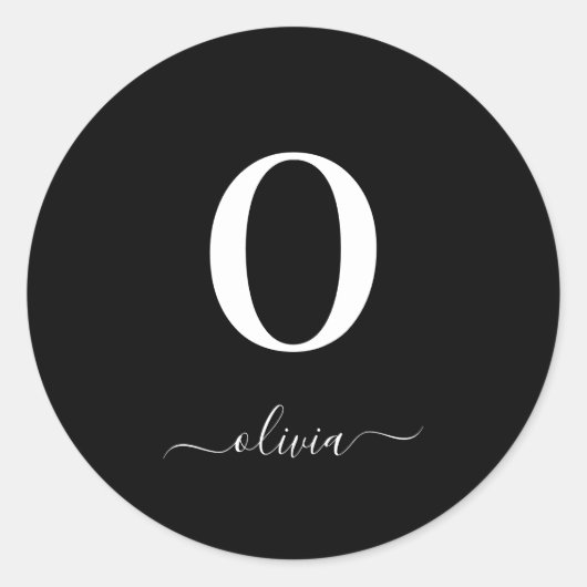 Monogram Script Name Personated Black and White Ronde Sticker (Voorkant)