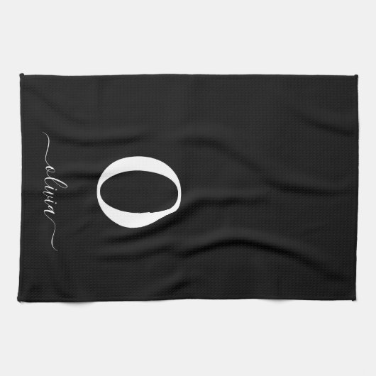 Monogram Script Name Personated Black and White Theedoek (Horizontaal)